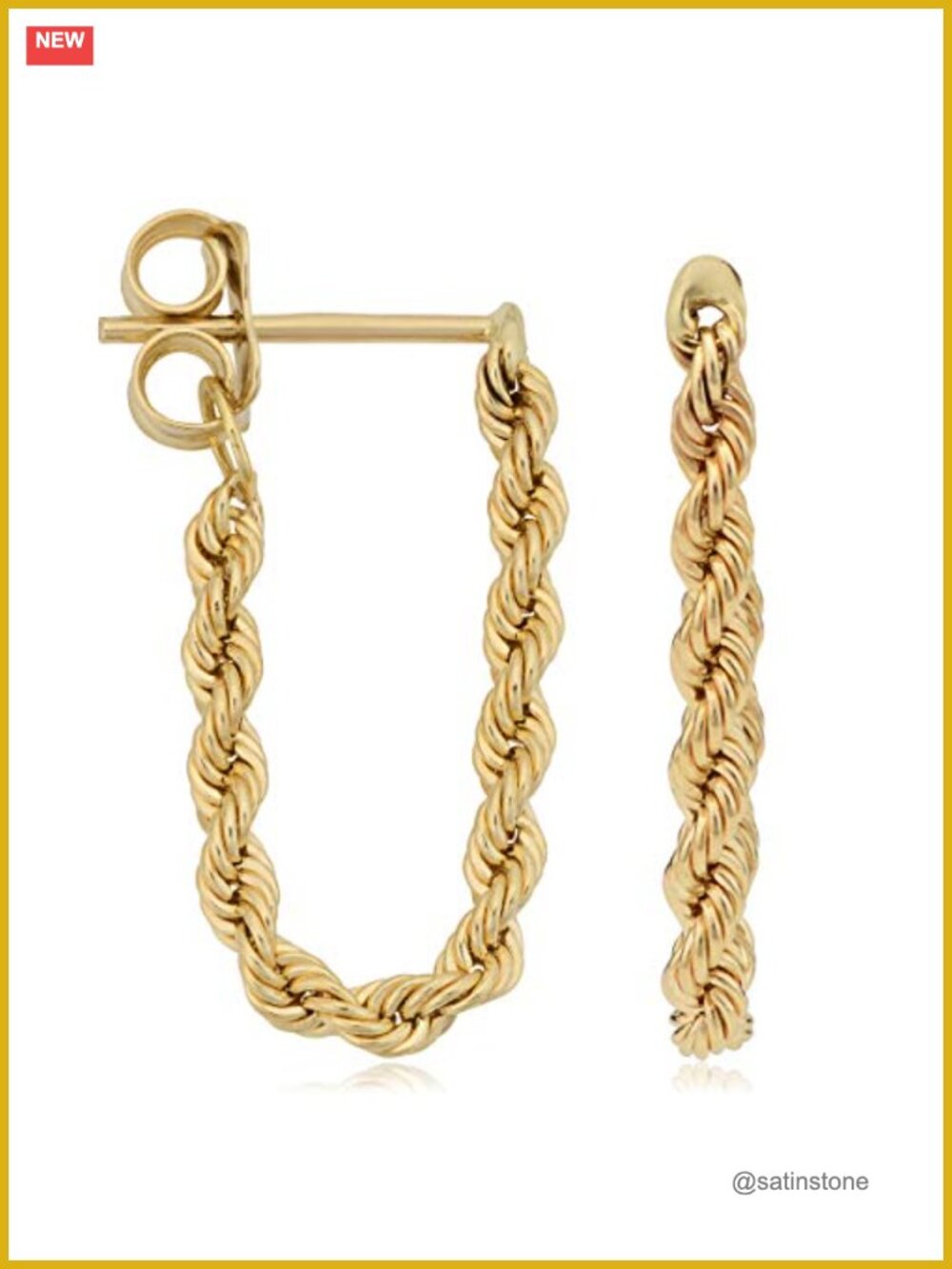 10K Yellow Gold Rope Chain Dangle Earrings Push Back 0.8 in Drop